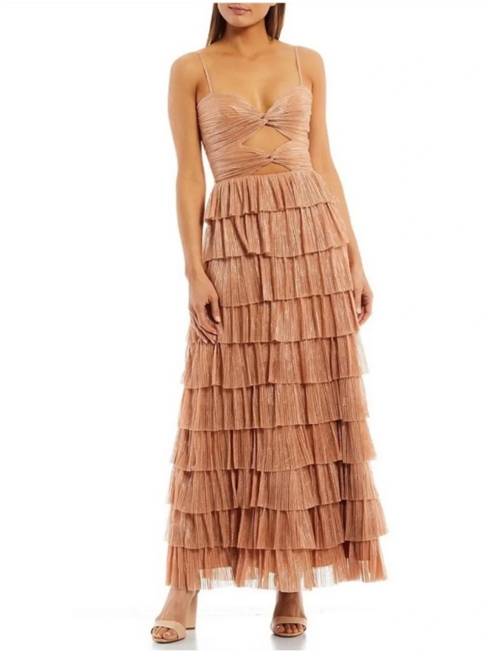 NWT Gianni Bini
Grace Metallic Plisse
Sweetheart Neck
Cut-Out Tiered Dress - Picture 6 of 9